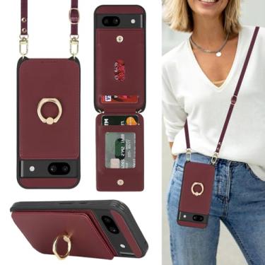 Imagem de Lipvina Capa para Google Pixel 8A com suporte de cartão e alça para mulheres, cordão transversal, suporte de anel, fecho de pressão, capas carteira de telefone de 6,1 polegadas (vinho vermelho)
