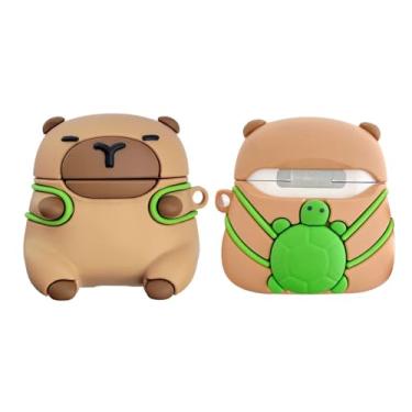 Imagem de Capa de fone de ouvido para AirPods 4, linda mochila de tartaruga calma capivara capa de silicone TPU macio, adorável capivara marrom capivara AirPods 4 capa protetora à prova de choque para fones de