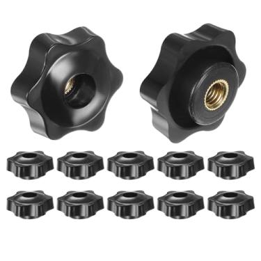 Imagem de HARFINGTON 12 peças Star Knobs M8 rosca fêmea 38 mm cabeça de plástico de 6 pontos inserção de latão furo passante rosqueado puxador manual rosqueado alça de aperto, preto