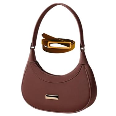 Imagem de Kit de Bolsa e Cinto Feminina Elegante, Alça Única, Design Meia-lua, Bloguerinha, Modinha (Marrom)