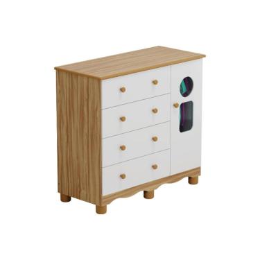 Imagem de Cômoda Infantil Tedy c/ 1 Porta Cristal e 4 Gavetas Branco/Amendoa - Peroba