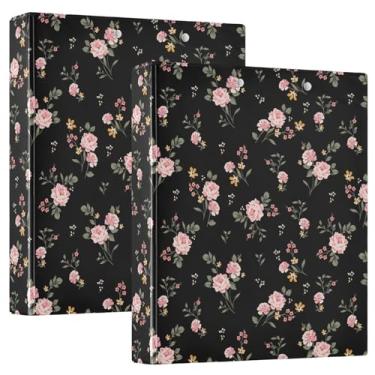 Imagem de Fichário com 3 anéis de flores vintage, preto, floral, 3 cm, tamanho A4, capa dura decorativa fofa com bolsos internos, organizador para casa, escola, material de escritório