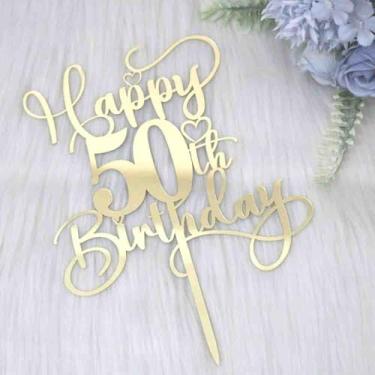Imagem de Ruscalin Topo de bolo de feliz aniversário de 50 anos, topo de acrílico dourado espelhado para comemorações de 50 anos, ideias de decoração de festa de aniversário/aniversário, lembrança perfeita para