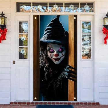 Imagem de Starlit Patio Capa de porta de Halloween 188 x 89 cm Palhaço assustador bruxa espiando faixa assustadora cortina de porta da frente assustadora decoração de terror casa assombrada adereço de porta