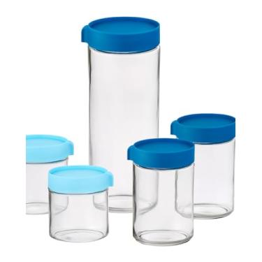 Imagem de Conjunto Com 5 Potes De Vidro Herméticos Transparente Empilháveis Fechamento Em Rosca Alto Nível De Vedação Tampas Nas Cores Azul Claro E Azul Escuro