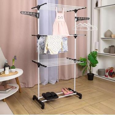 Imagem de Varal de Chão Grande com 3 Andares, Prateleiras Dobráveis e Rodinhas -
