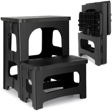 Imagem de AMOISE Banqueta Dobrável De 2 Degraus, Apoio Para Os Pés Portátil Antiderrapante 8'' E 17'', Altura Dupla, Suporta 136 Kg, Cozinha, Banheiro, Quarto, Escritório, Trailer (Preto)