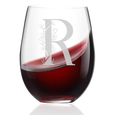 Imagem de Taças de vinho sem haste com monograma - Taça de vinho com letra A-Z com gravação inicial, presentes de vinho personalizados de 590 ml, presente de monograma para mulheres, ela, casamento, aniversário