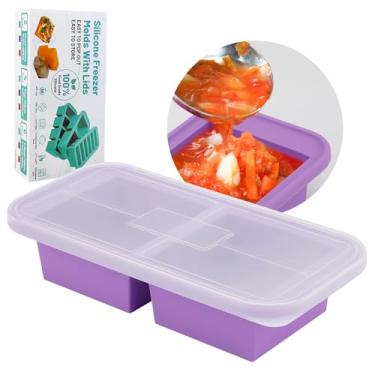 Imagem de SHIKORI Bandeja de silicone para freezer com tampa, moldes de silicone para freezer, bandeja grande para cubos de gelo, recipiente de silicone para freezer, congelar e armazenar sopa, molho, caldo,