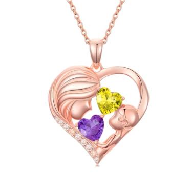 Imagem de Zoeniya Colar com pingente de coração banhado a ouro rosa para mãe e filha com 12 meses, presentes de dia das mães para mãe, pedra do mês de nascimento, joia de aniversário para mãe, esposa, namorada