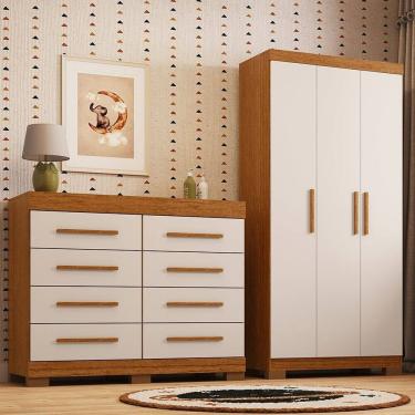 Imagem de Conjunto Quarto Infantil Cômoda 8 Gavetas e Guarda-Roupa 3 Portas Estellari Espresso Móveis Amêndoa/Off White