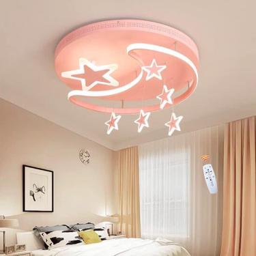 Imagem de Lâmpada Infantil Moderna Led Luz De Teto Regulável Star Moon Pingente Lâmpada De Teto Meninas Meninos Quarto De Bebê Quarto Infantil Lustre De Sala De Estar, Pink, 52cm
