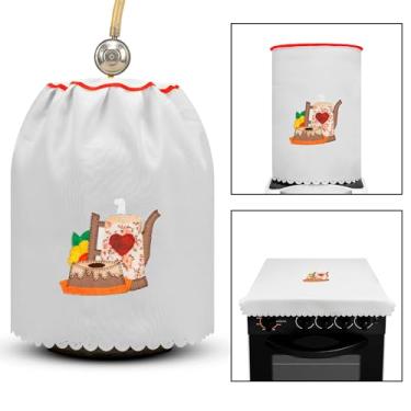 Imagem de Kit de Cozinha 3 Peças Estampado, Capa para Botijão, Fogão e Galão de Água, Branco e Vermelho, Decoração para Casa