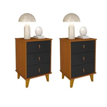 Imagem de 02 Mesa de Cabeceira com Puxador de Couro com 03 Gavetas Grécia (Cedro/Preto)