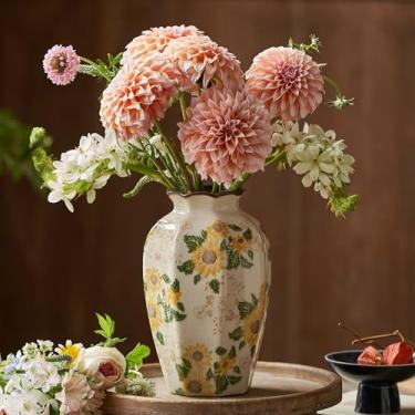 Imagem de Levvohd Vaso octogonal pastoral vintage, vasos de flores de girassol de cerâmica de 24 cm, vaso floral rústico chinês antigo para decoração de parede de quarto e prateleira (octogonal)
