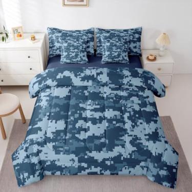 Imagem de Castle Fairy Conjunto de cama de camuflagem azul, estilo padrão colorido, tamanho casal, 7 peças, camuflado, exército, deserto, azul marinho, com edredom e fronhas