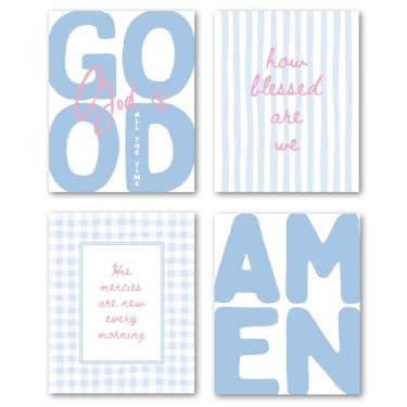 Imagem de XWELLDAN Decoração de parede cristã rosa e azul, His Mercies Are New Every Morning God Is Good, pôster religioso, decoração de arte de parede para dormitório, oração, quarto, sala de aula, 20 x 25 sem