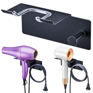 Imagem de XILIMEN Suporte de secador de cabelo montado na parede, adesivo para secador de cabelo, suporte de metal para banheiro, organizador de ferramentas de cabelo com plugue e cordão para armário, banheiro