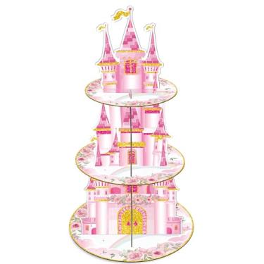Imagem de Decorações de festa de aniversário de princesa – Suporte de cupcake de castelo rosa de 3 camadas com tema floral de princesa, suporte de torre de sobremesa para aniversário, chá de bebê, decorações de