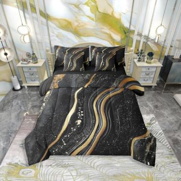Imagem de Erosebridal Conjunto de edredom de mármore preto e dourado com lençol king, cama de pedra mármore em uma bolsa para crianças, meninos e adultos, conjunto de cama com estampa de glitter dourado, 7