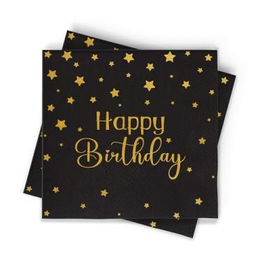 Imagem de Guardanapos de feliz aniversário – Pacote com 50 | Guardanapos descartáveis de 3 camadas com estrelas douradas para festas, decorações de aniversário, adultos, crianças e eventos elegantes (preto)