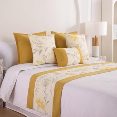 Imagem de Cachecol de corredor de cama de hotel, colcha floral luxuosa, decoração resistente ao desbotamento, protetor de cama elegante, toalha de cama de quarto para cama de solteiro queen size - amarelo.||50