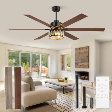 Imagem de Fanbulous Ventilador de teto de cristal de fazenda de 65 polegadas com luzes e controle remoto, ventilador de teto lustre com motor CC reversível silencioso, lâminas de madeira - ideal para quarto