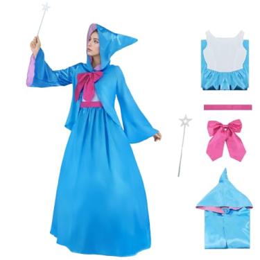 Imagem de Bvxmsel Fantasia feminina de madrinha cosplay de fada, capa com capuz, sem mangas, camisa, varinha mágica, gravata borboleta, roupas de Halloween, Azul, G