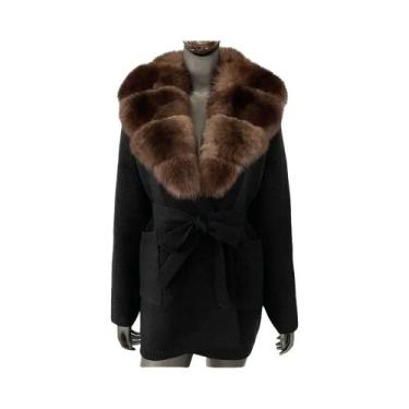 Imagem de Casaco de Pele de Raposa Verdadeira Feminino - Cardigan de Tricô com C
