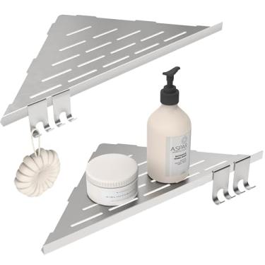 Imagem de WZKALY Prateleira de canto para chuveiro de 25 cm, prateleira de canto de aço inoxidável 304, 2 unidades, argamassa para parede de azulejos, prateleiras de chuveiro embutidas com 4 ganchos, sem