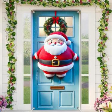 Imagem de BlissYard Capa de porta de Natal, faixa de porta de Natal, decoração de feliz Natal, pano de fundo de pelúcia Papai Noel 89 x 188 cm, guirlanda festiva, decoração de varanda de Natal, placa de