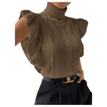 Imagem de Colete de suéter Floerns Ruffle Trim, tricotado, gola alta, marrom