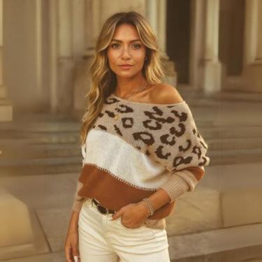 Imagem de Blusa Feminina de Tricot Onça Manga Longa com Estampa Animal Print - V