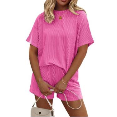 Imagem de Conjunto de pijama Ekouaer de manga curta Lounge rosa quente para mulh