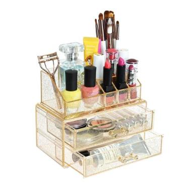 Imagem de Organizador de maquiagem Ikee Design Acrílico com 2 gavetas Gold Glitt