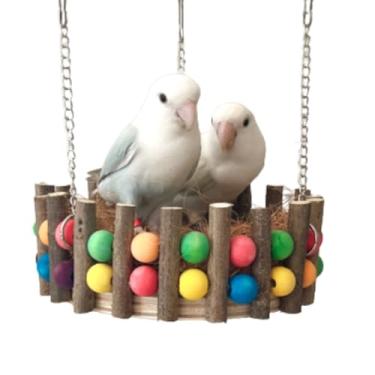 Imagem de Cama de brinquedo de madeira com fibra de coco para gaiola, ponte de escalada mastigável, suporte de treinamento de pássaros, cama suspensa para conures calopsitas periquitos Lovebird promove
