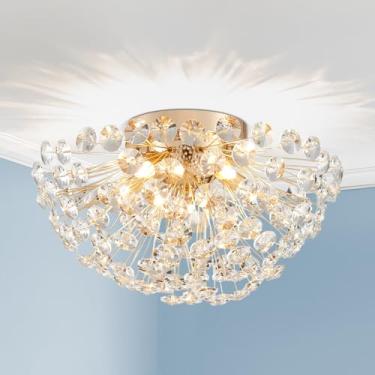 Imagem de AGV LIGHTING Luminária de teto de montagem embutida de cristal moderna, luminária de teto de montagem semi-embutida dente-de-leão Sputnik, 40,6 cm 5 luzes com base G9 luminária de teto dourada