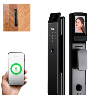 Imagem de Fechadura Digital Biométrica, Preta e Prata, Metal, 41x7x10cm, Reconhecimento Facial e WiFi, Estilo Moderno, Controle Remoto por Aplicativo, Uso Residencial