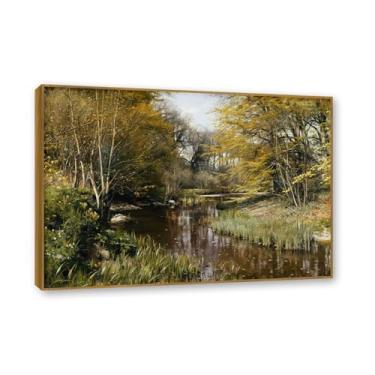 Imagem de Moldura externa de teca. Famosas pinturas a óleo, (uma paisagem de rio arborizado) por Peder Mork Monsted, reprodução impressa em tela, arte de cenário para decoração de sala de estar. 60 x 84 cm