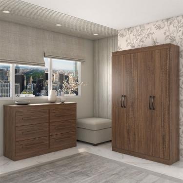 Imagem de Guarda-Roupa Solteiro Europa 4 Portas e Cômoda 6 Gavetas Castanho - Panorama Móveis