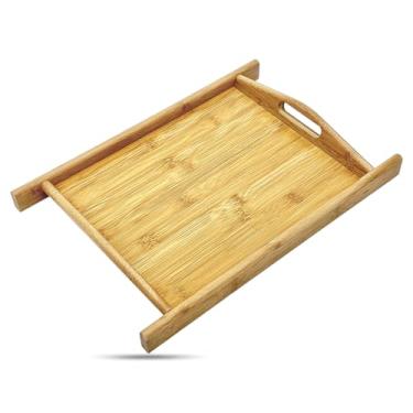 Imagem de Bandeja de servir de bambu natural com alças (GG) - Travessa decorativa para alimentos, café da manhã, mesa de centro de madeira, otomano, sofá, piquenique da The Display Guys