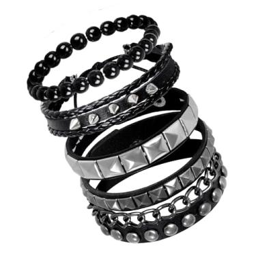 Imagem de Yymobt 4 pulseiras punk rock cravejadas para homens e mulheres pulseiras de couro com pontas dos anos 80 conjunto de pulseiras góticas ajustáveis acessórios de emoção de Halloween