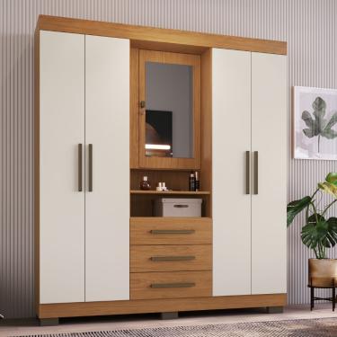 Imagem de Guarda Roupa Casal com Espelho 5 Portas 3 Gavetas e Pés Europa Faimec - Freijo/Off White