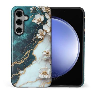Imagem de CARLOCA Compatível com Samsung Galaxy S24 Capa protetora brilhante de corpo inteiro para meninas e meninos à prova de choque padrão de estética azul-petróleo branco mármore flores pedra