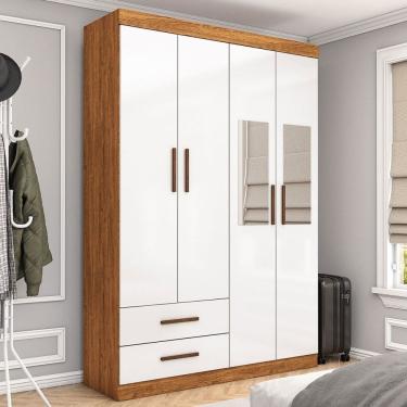 Imagem de Guarda-Roupa Solteiro Genova 4 Portas 2 Gavetas com Espelho Cinamomo/Branco - Carioca Móveis