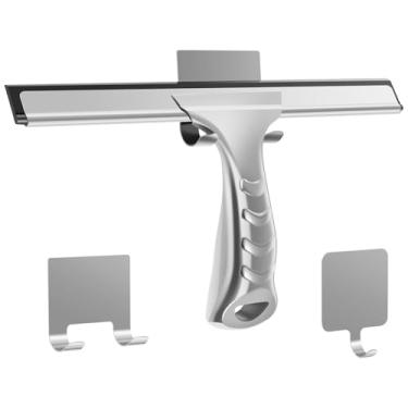 Imagem de Rodo de chuveiro, rodo de janela, limpador de tela de chuveiro de aço inoxidável, rodo multiuso com gancho quadrado para banheiro, cozinha, espelho, carro, janela e limpeza de vidro (prata)