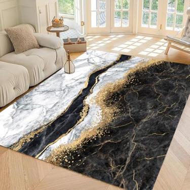 Imagem de EDGZKO Tapete preto e dourado: tapetes de mármore branco abstrato de 1,8 x 2,5 m para sala de estar, lavável, antiderrapante, tapete para sala de jantar, quarto, cozinha, dormitório, escritório, sala
