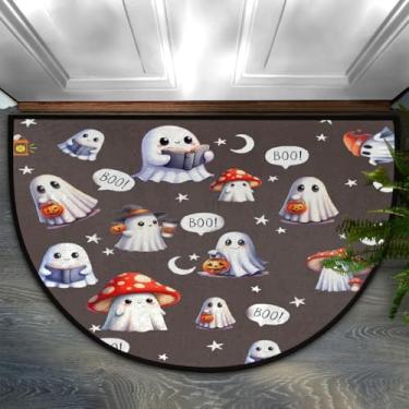 Imagem de CFERSAN Tapete de porta meio redondo com flores de abóbora e fantasmas brancos, antiderrapante, entrada para ambientes internos, semicírculos, tapetes de banheiro, tapetes externos, capacho para