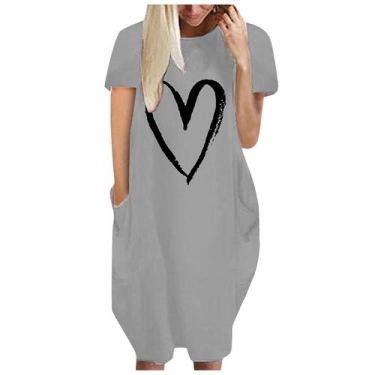 Imagem de Moda Feminina Loose Love Print O-neck Bolsos Casual Vestido de mangas 