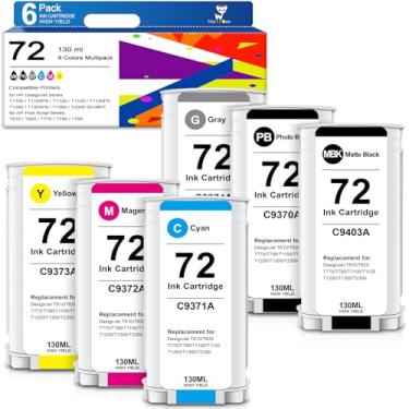 Imagem de 72 cartuchos de tinta compatíveis com HP 72XL HP72 para impressora DesignJet T790 T795 T1300 T1100 T1200 T2300 T770 (130 ml, pacote com 6, preto fosco, preto, ciano, magenta, amarelo, cinza) Miss Deer